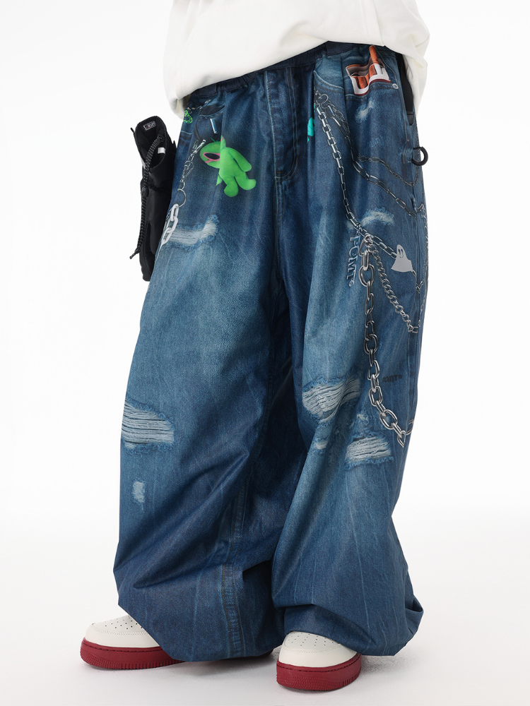 POMT Graffiti Flow Baggy Ski Pants – Unisex Denim Blue POMT | Snowears.com
