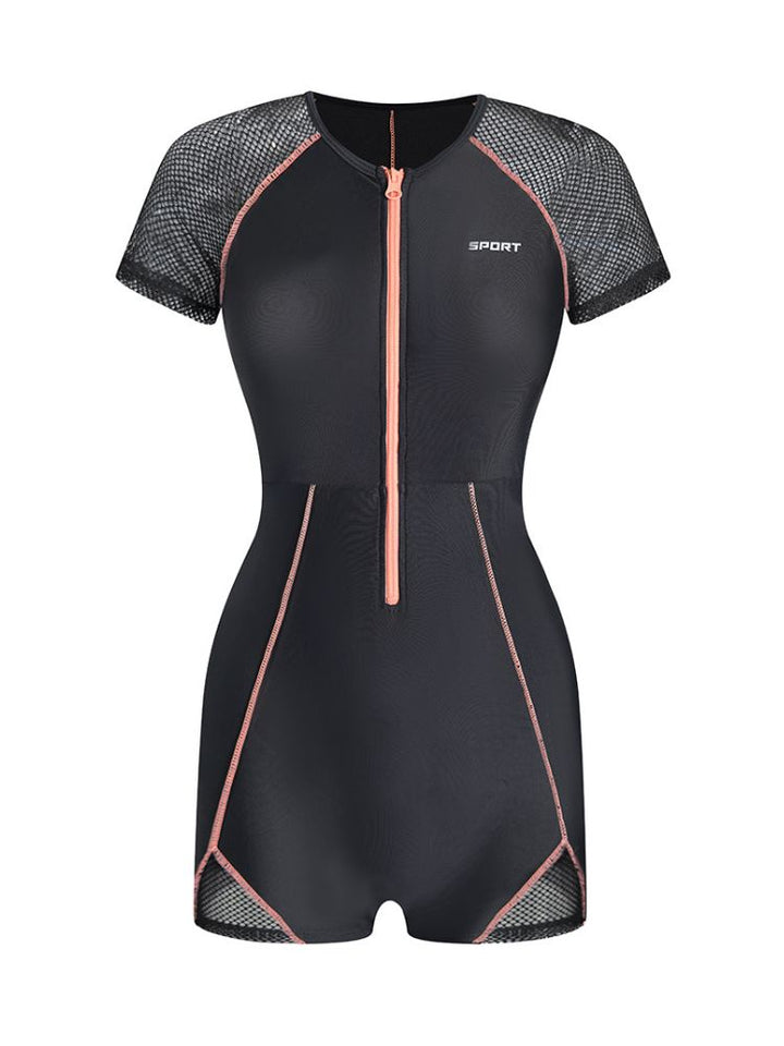 Sporty Mesh Zip-Up One-Piece Swimsuit - Women's - Snowears- swimwear