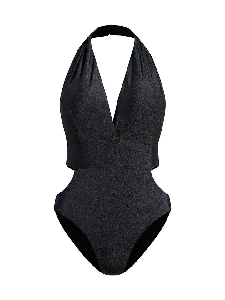 Strappy High-Neck One-Piece Black Swimsuit with Gray Cover-Up -Women's