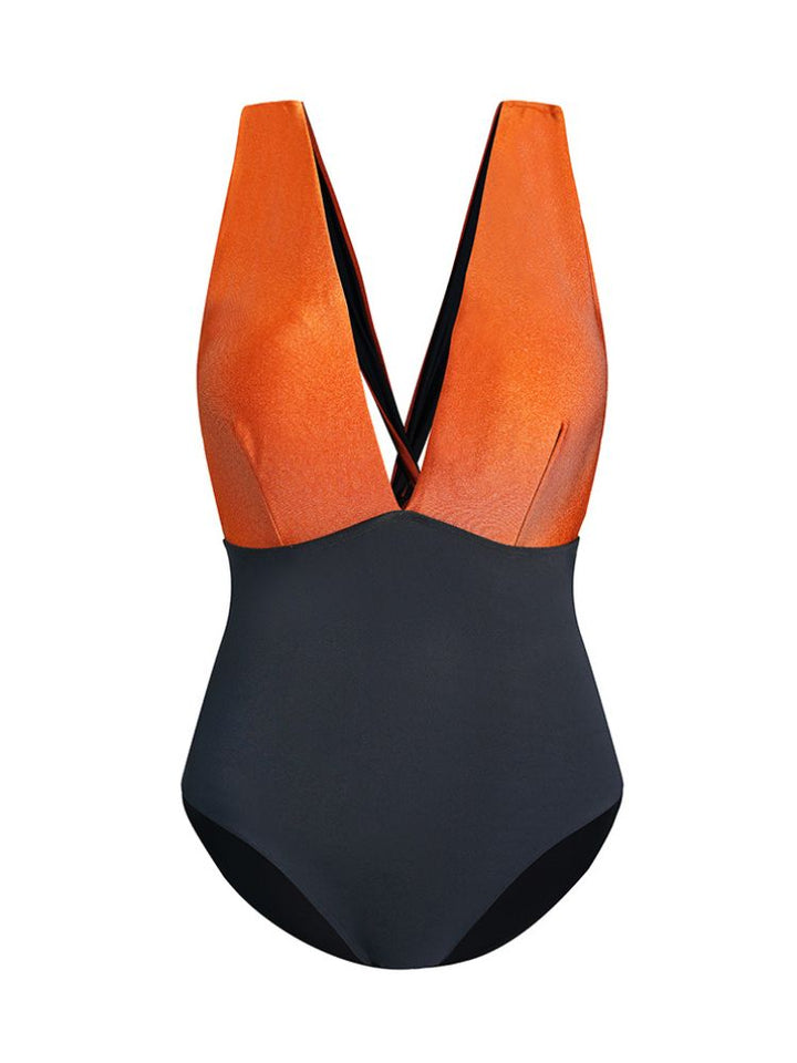 Vintage Color-Block Swimsuit with Bow Detail - Women's