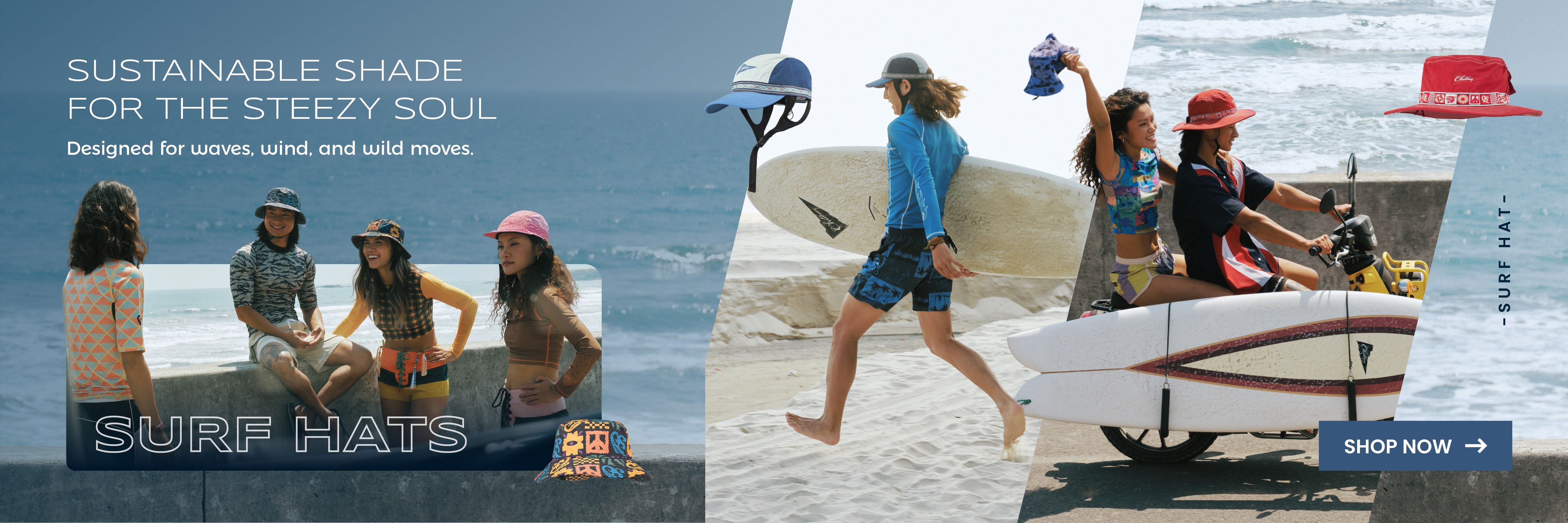 Promotional banner for surf hats with people wearing them and surfing on a beach. Chillhang surf hats