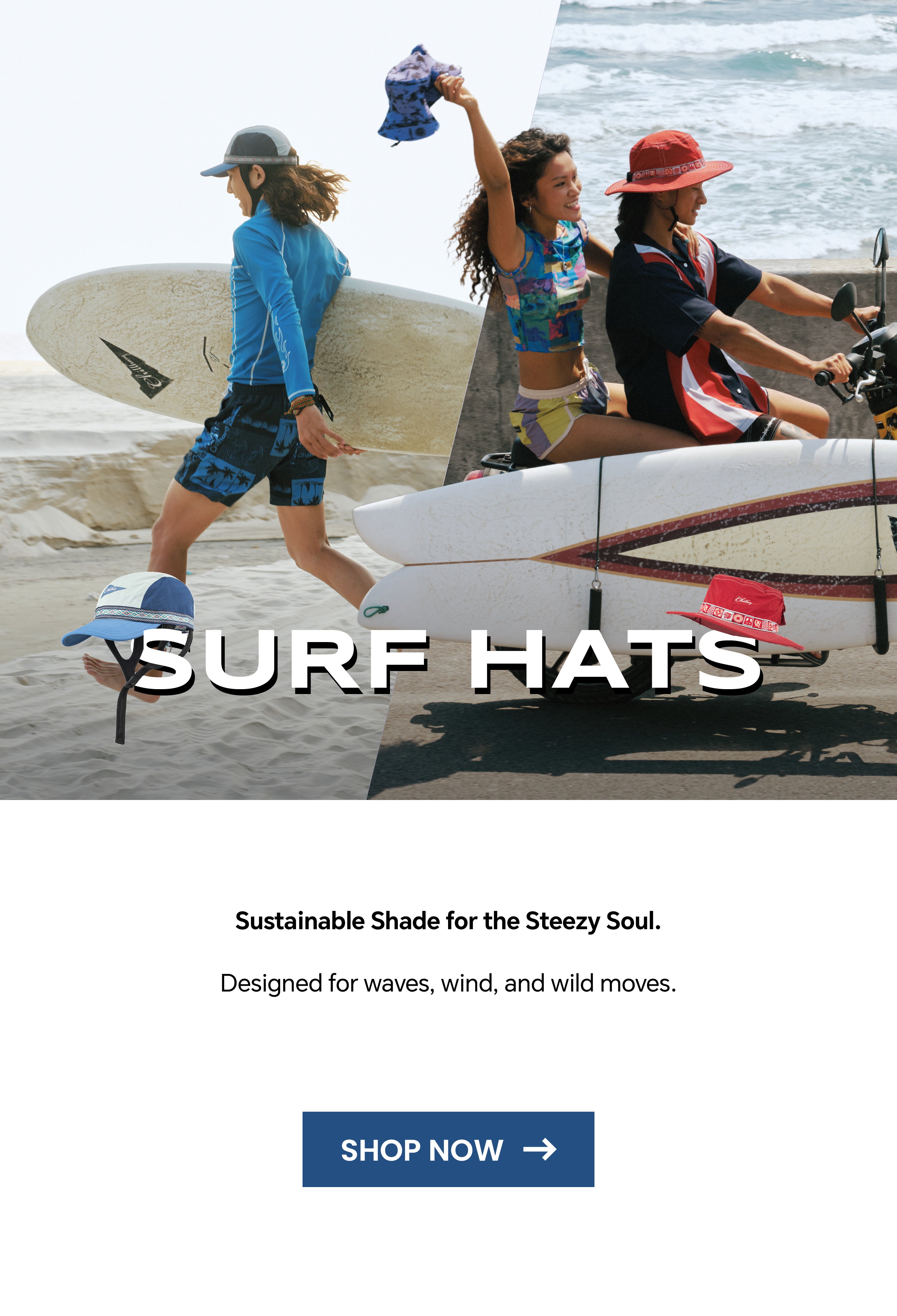 Promotional banner for surf hats with people wearing them and surfing on a beach. Chillhang surf hats