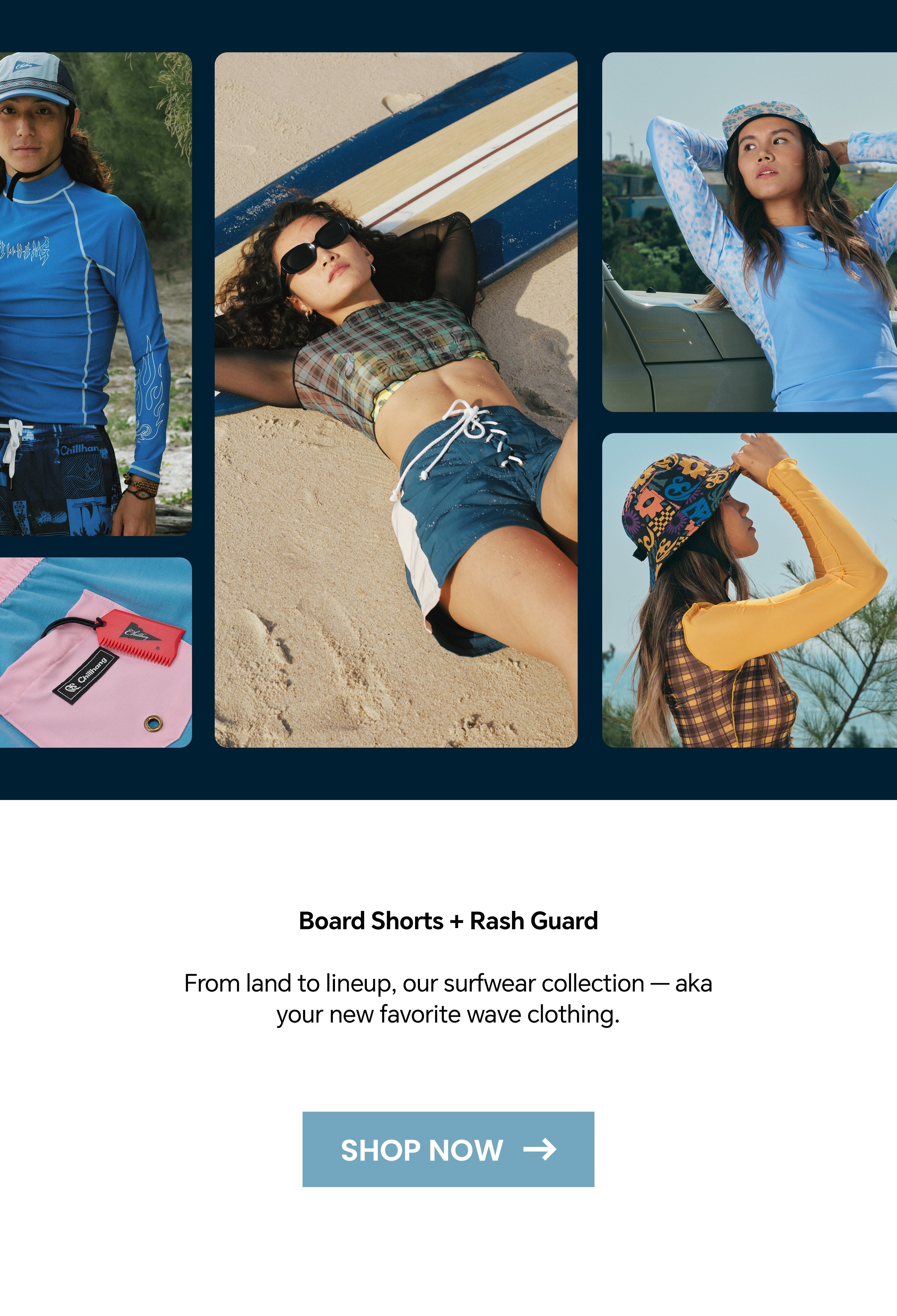 Chillhang board shorts and rash guard for outdoor sports