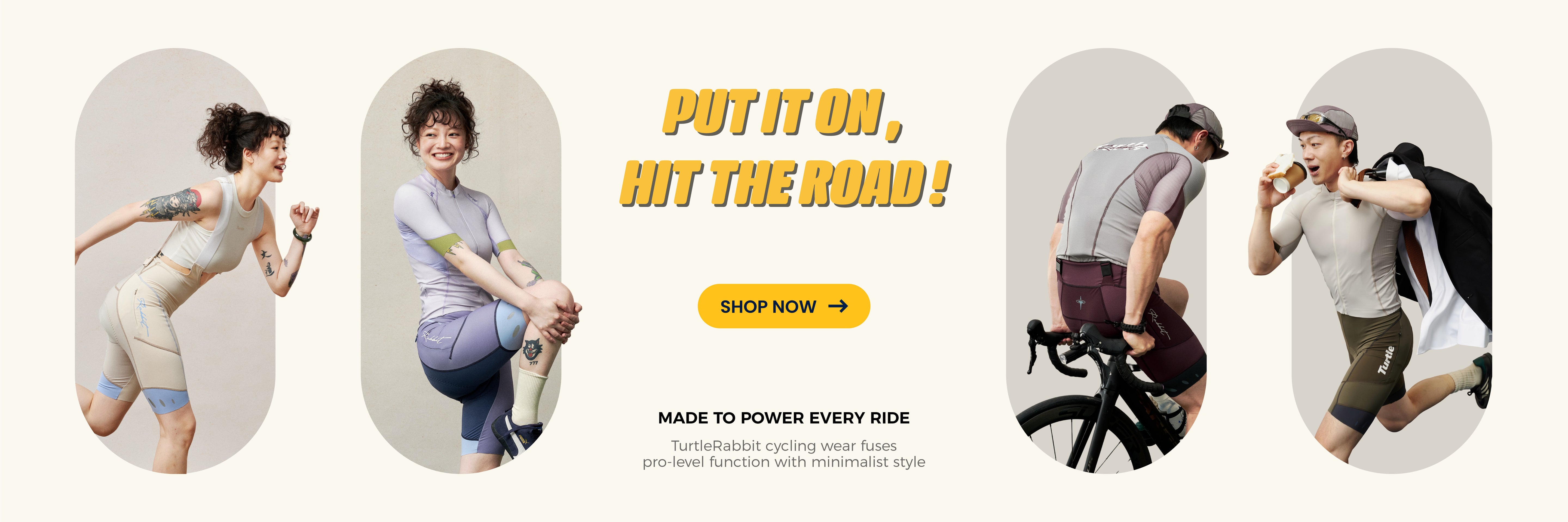 Promotional banner for cycling gear with people in cycling outfits and text encouraging purchase.