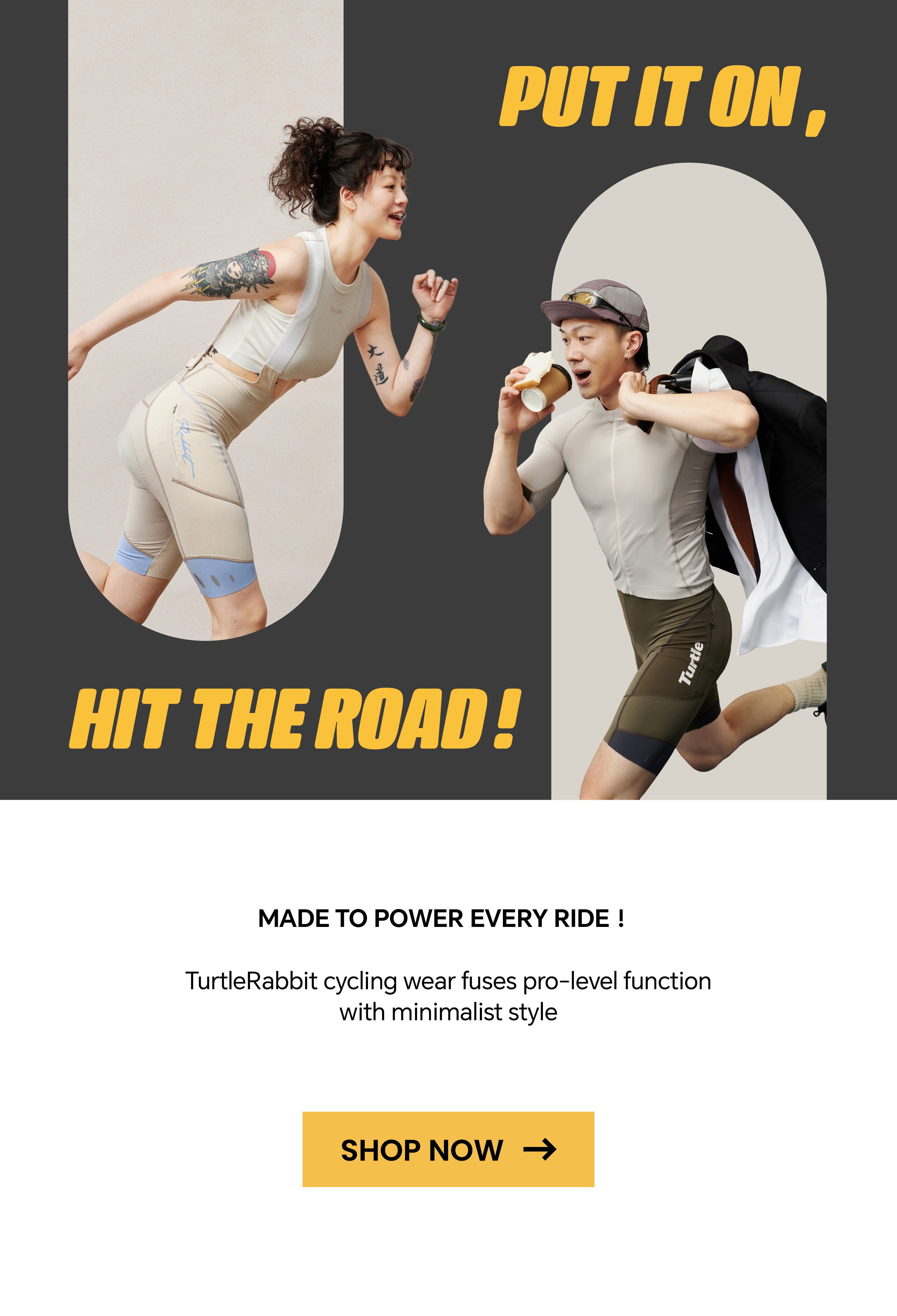 TurtleRabbit cycling wear with two people wearing the gear and promotional text.