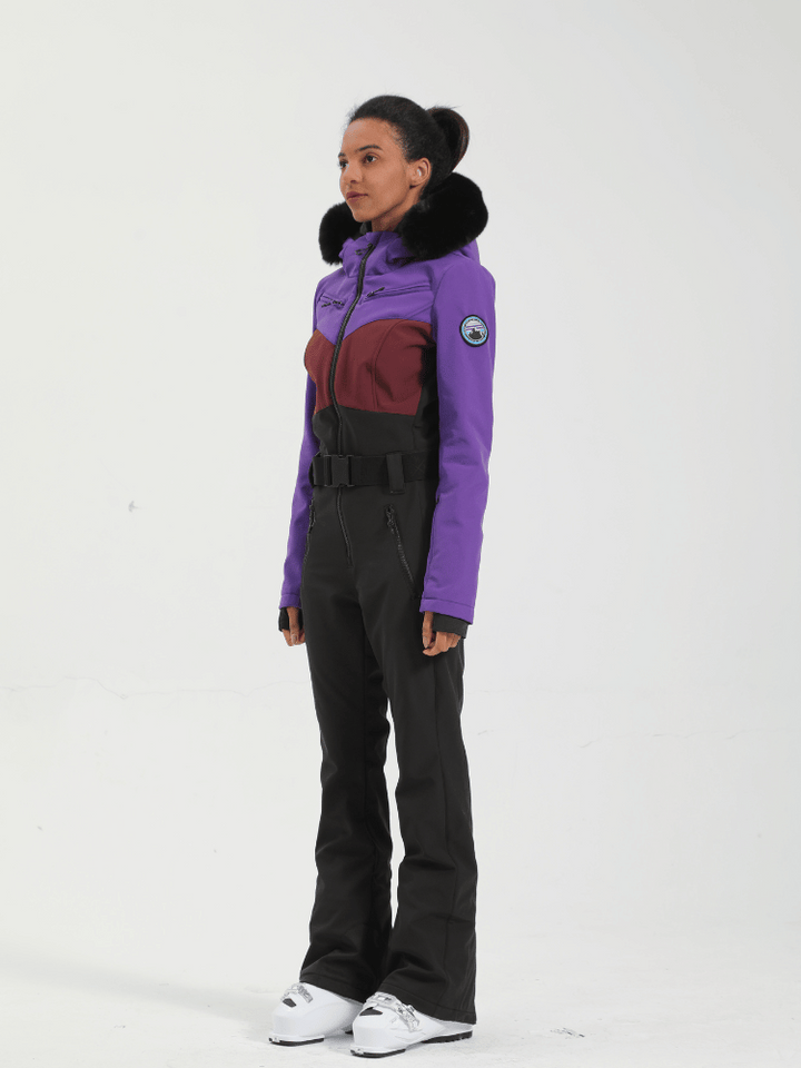 Gsou Snow Colorblock Fur Slim Ski Jumpsuit - Women's - Snowears- One-piece ski suits