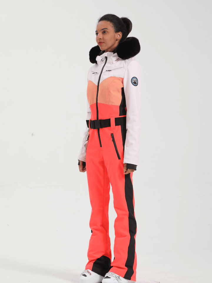 Gsou Snow Colorblock Fur Slim Ski Jumpsuit - Women's - Snowears- One-piece ski suits