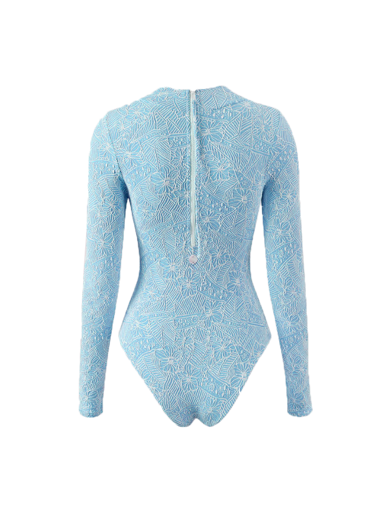 Waves Embossed Floral Long Sleeve Swimsuit - Snowears- 