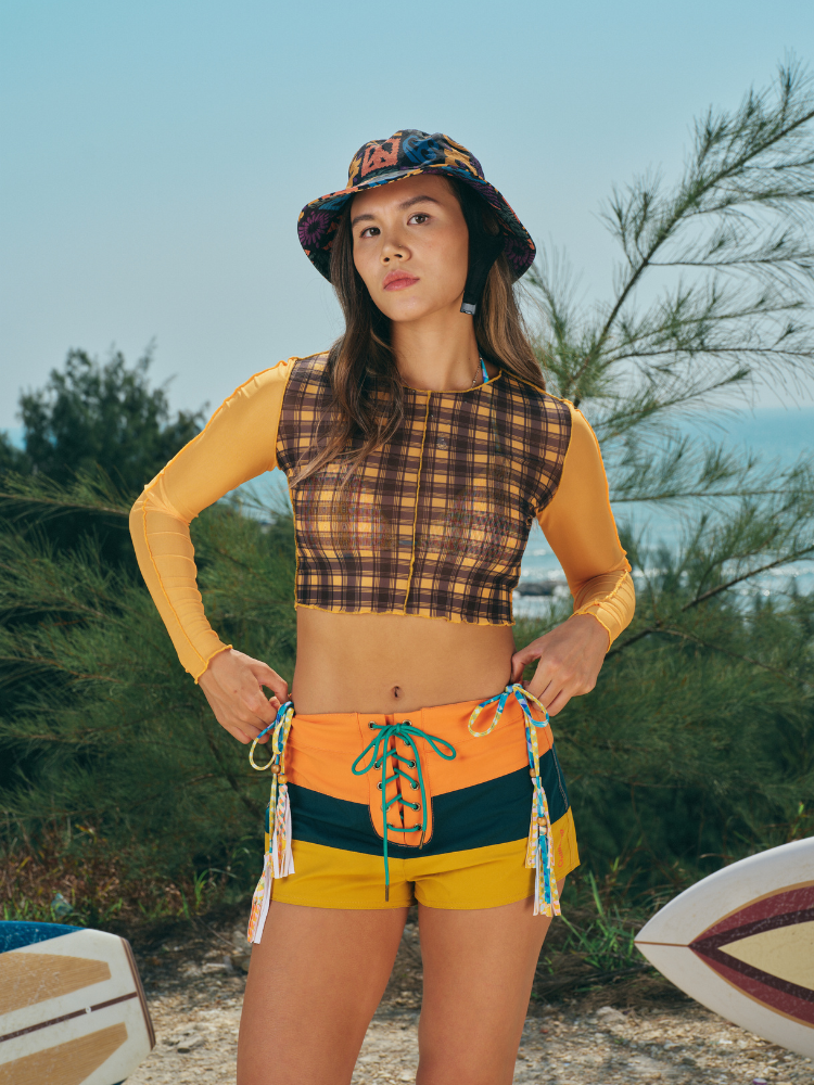 CHILLHANG Retro Plaid Long Sleeve UV Rash Guard - Women's Yellow ChillHang | Snowears.com