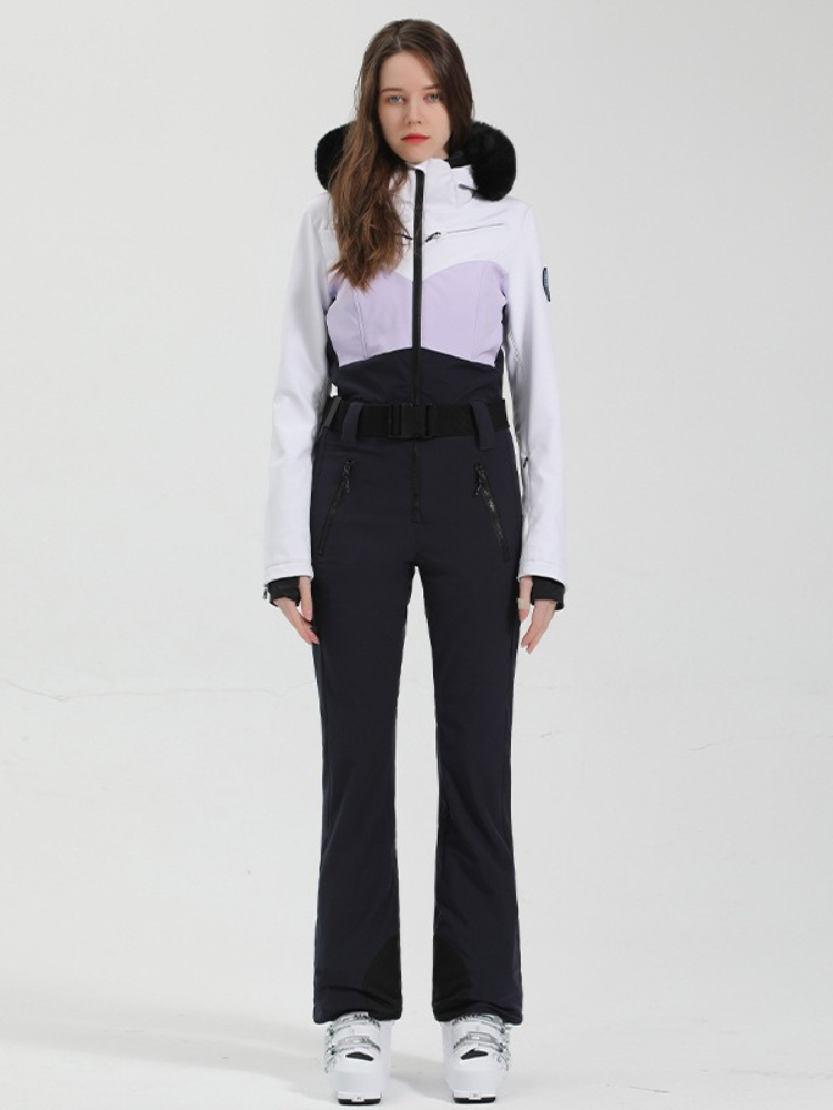 Gsou Snow Colorblock Fur Slim Ski Jumpsuit - Women's - Snowears- One-piece ski suits