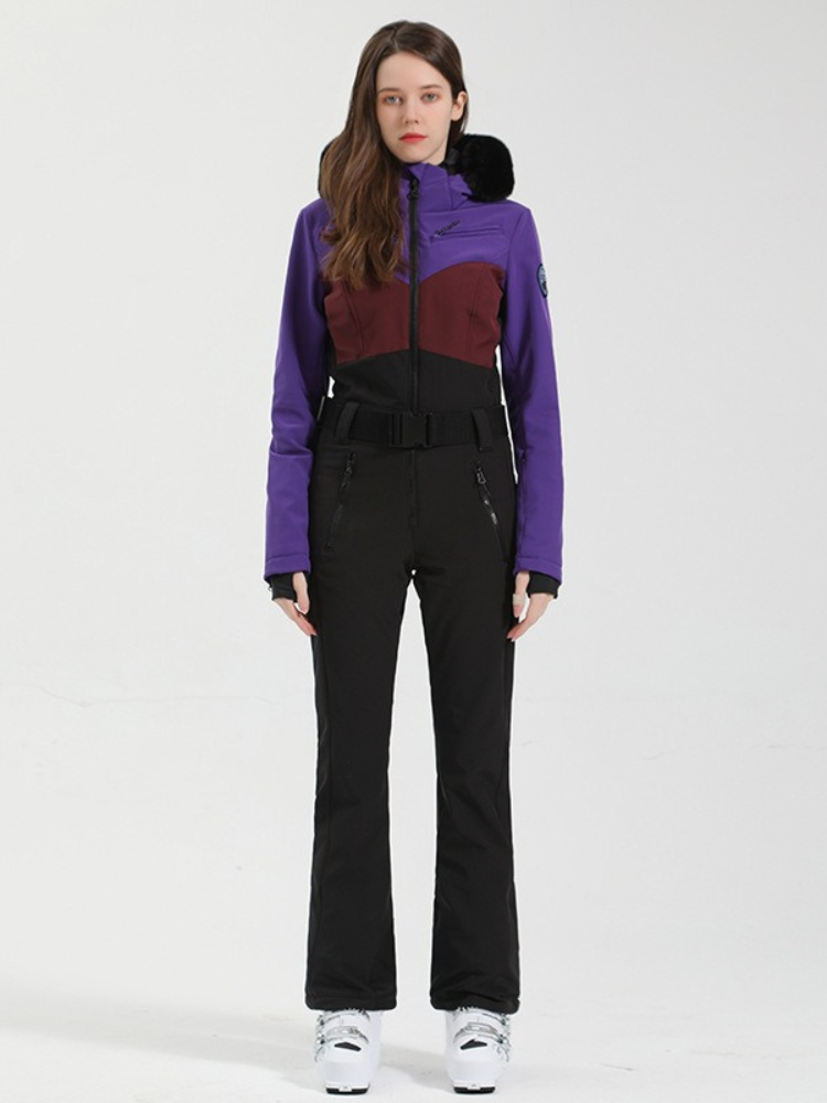 Gsou Snow Colorblock Fur Slim Ski Jumpsuit - Women's - Snowears- One-piece ski suits