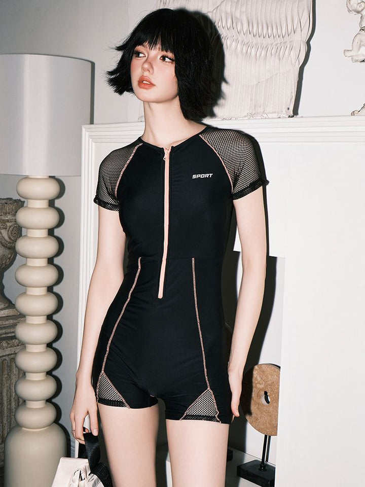 Sporty Mesh Zip-Up One-Piece Swimsuit - Women's - Snowears- swimwear