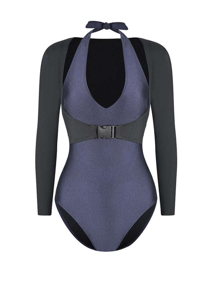 Strappy High-Neck One-Piece Navy Blue Swimsuit with Black Wrap Top - Women's