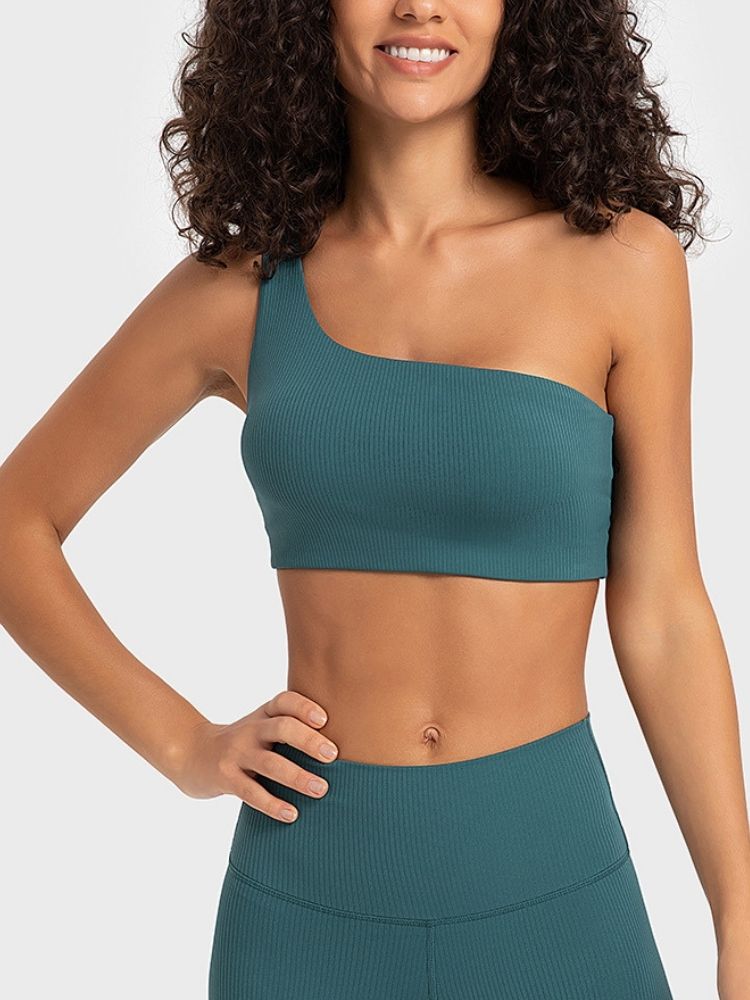 One Shoulder Asymmetrical Fitness Bra Olive Green Easymotion | Snowears.com
