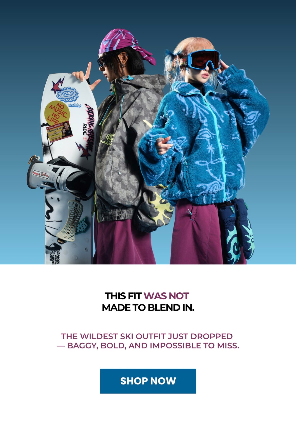 Two Snowears models wearing oversized grey graphic and blue fleece ski jackets with baggy purple snowboard pants.