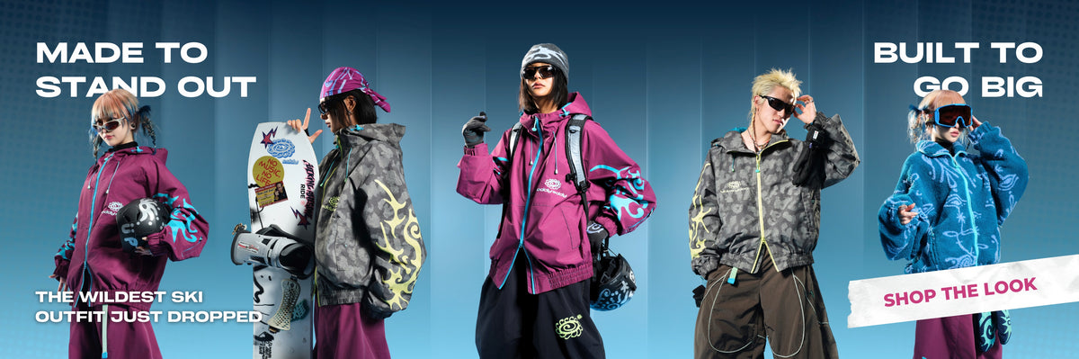 Snowears models wearing oversized graphic ski jackets and baggy snowboard pants in purple, grey and blue.