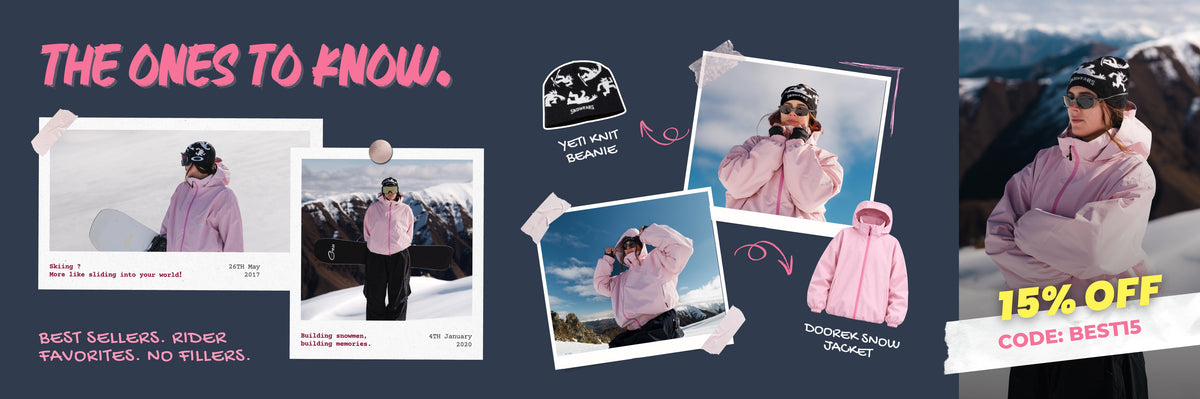 Snowears best-selling Doorek pink ski jacket styled with black baggy snowboard pants and a Yeti knit beanie.