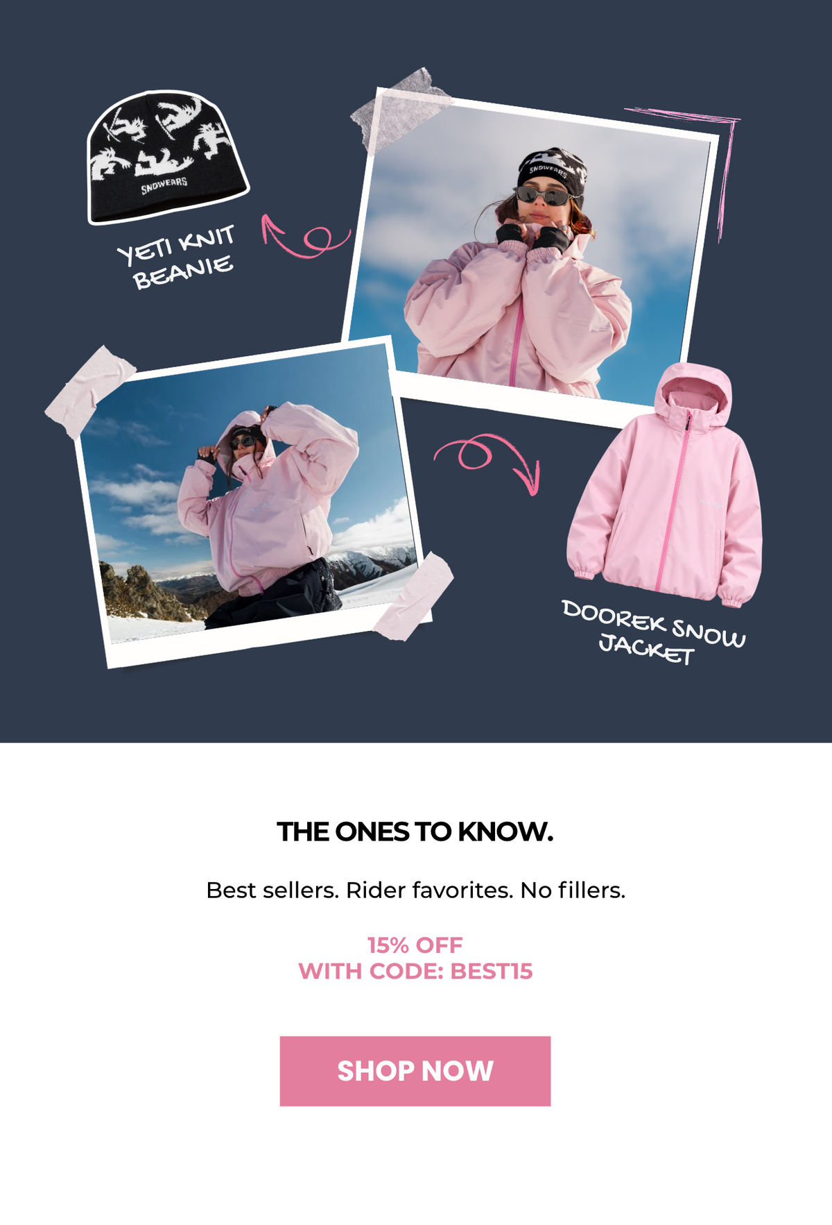 Snowears pink Doorek ski jacket and Yeti knit beanie styled for women’s snowboarding, featuring best-selling winter gear.