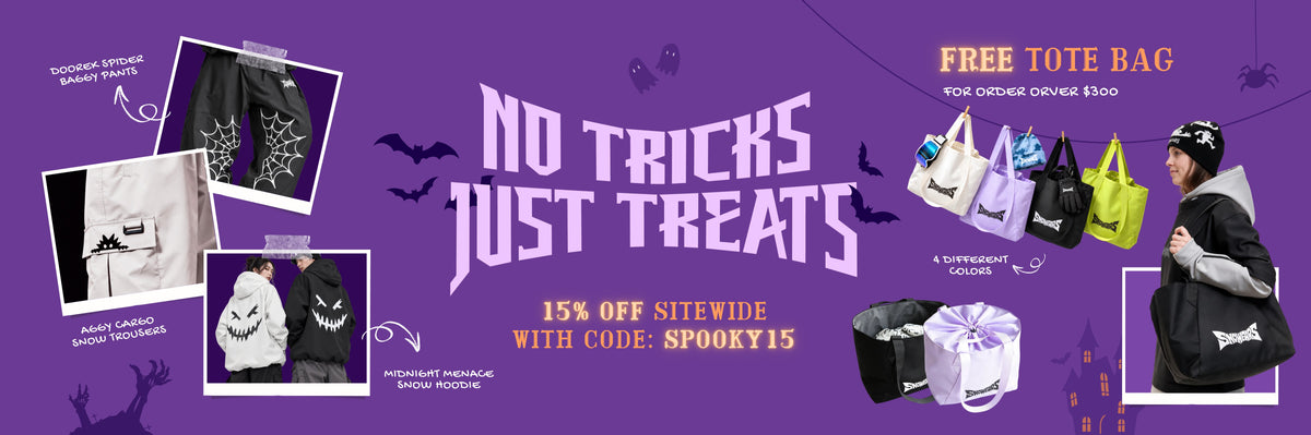 Snowears Halloween sale featuring spider web baggy ski pants, graphic snow hoodies and free tote bags with orders over $300. Copy