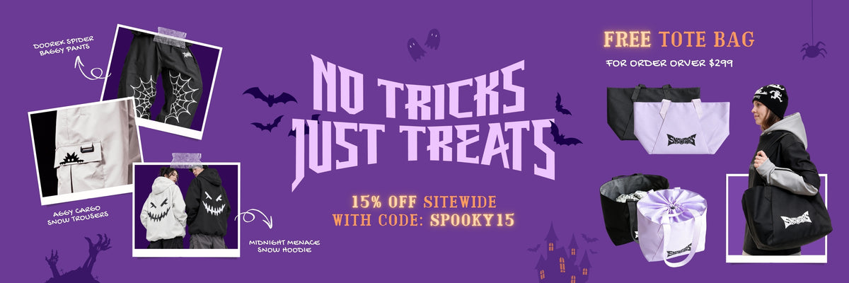 Snowears Halloween sale featuring spider web baggy ski pants, graphic snow hoodies and free tote bags with orders over $300.